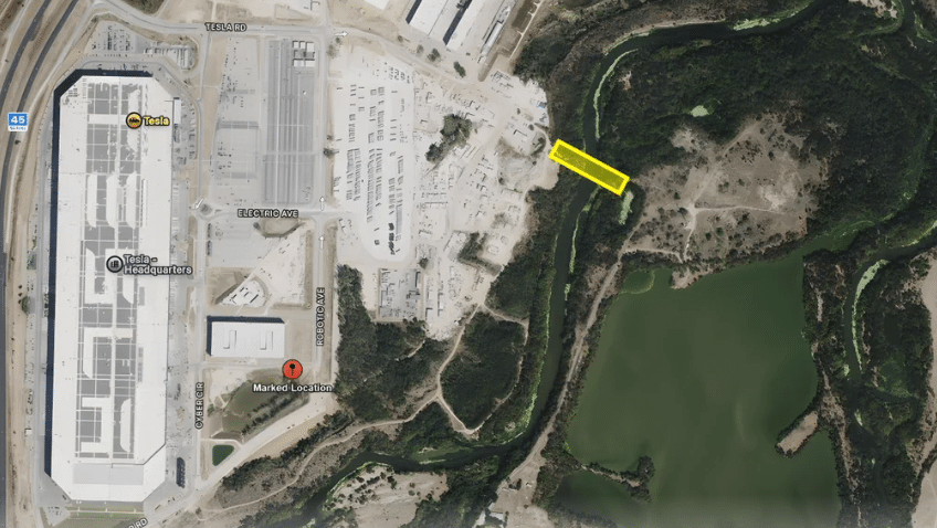 Satellite map beside Giga Texas showing a yellow highlighted area near the Colorado River.
