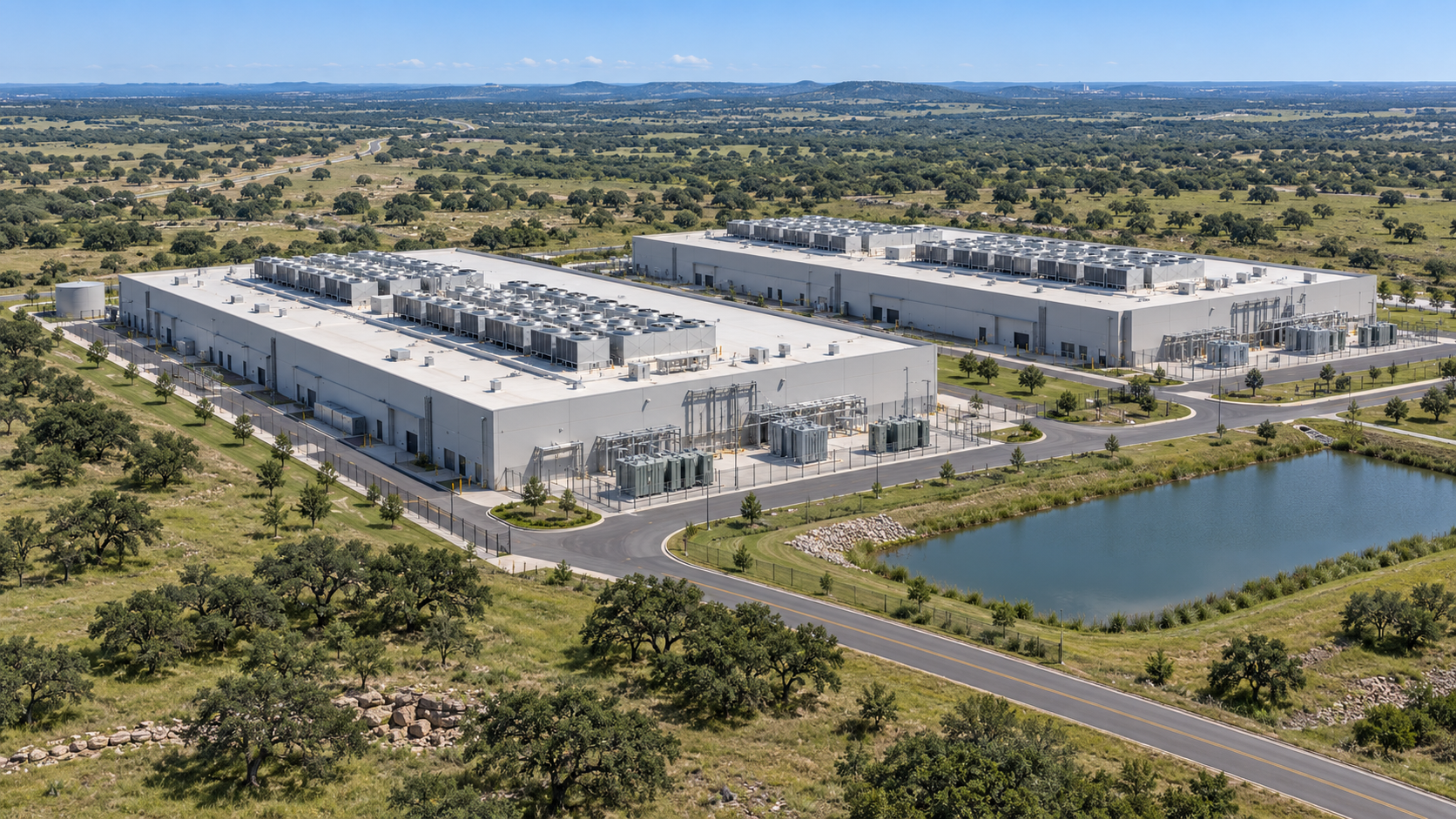 Illustrative concept of two Central Texas data-center buildings; not an actual project rendering