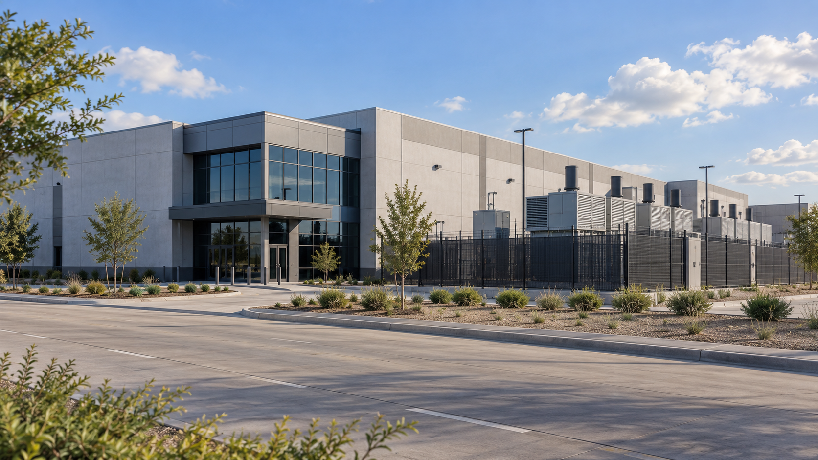 AI-generated concept illustration of a modern data center; not the actual CyrusOne DFW8 facility or design