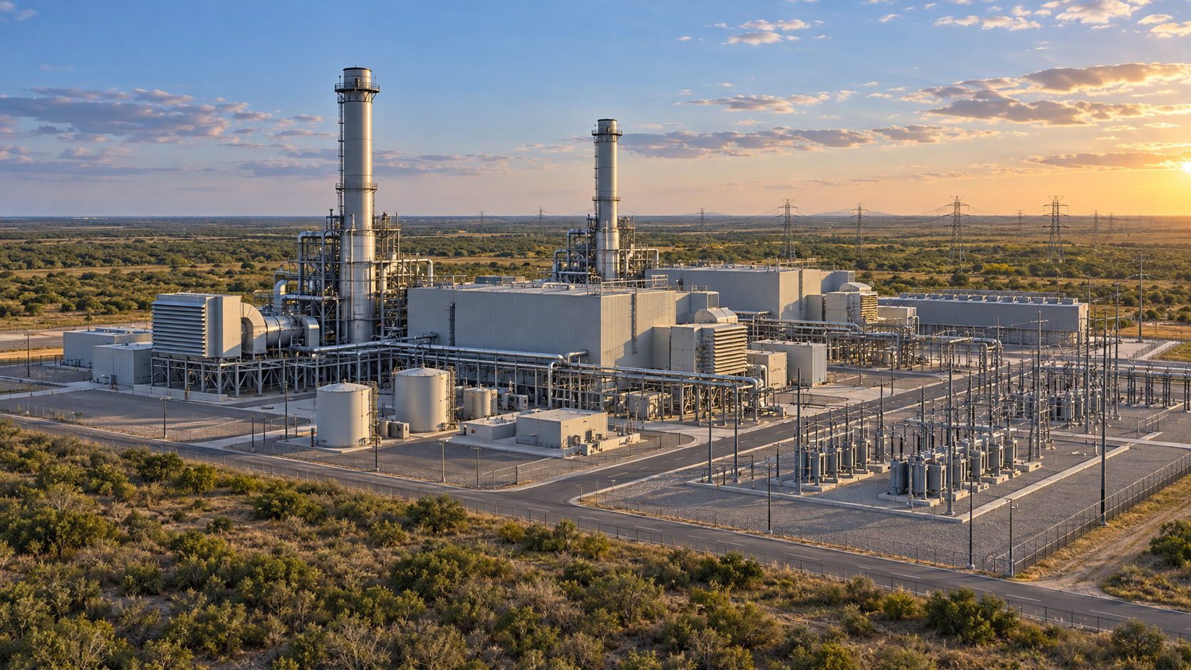 Concept illustration of a natural-gas power plant in South Texas scrubland
