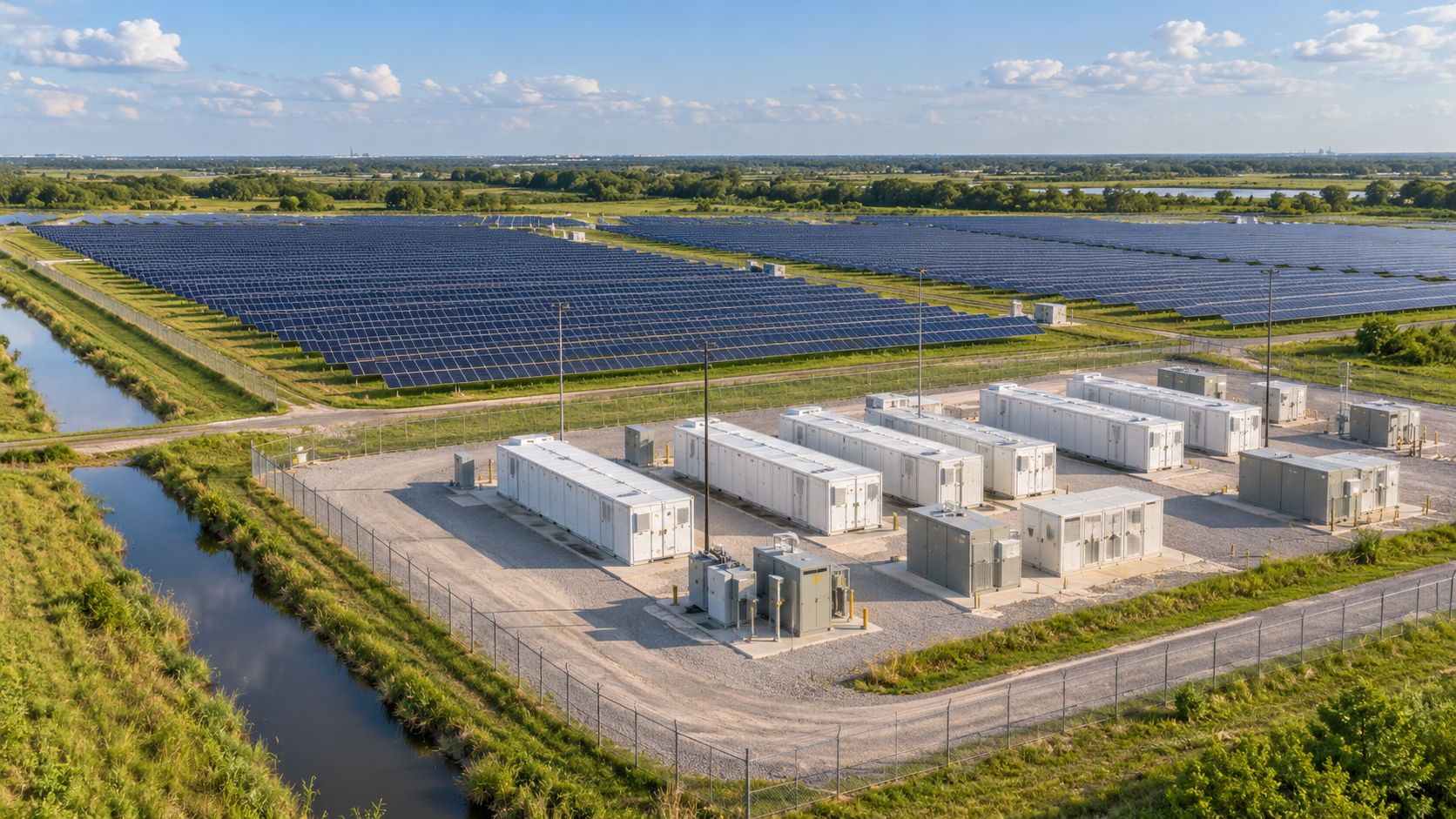 AI-generated concept of a solar array and battery energy storage facility in a flat Gulf Coast landscape