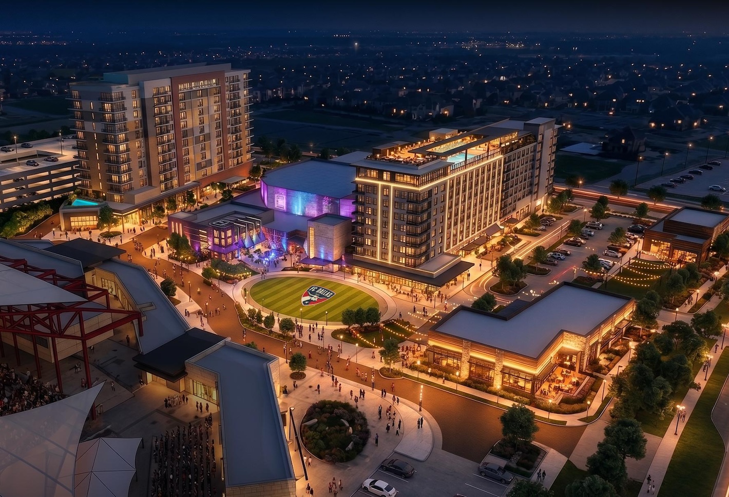Concept rendering released for the proposed mixed-use district east of Toyota Stadium in Frisco.