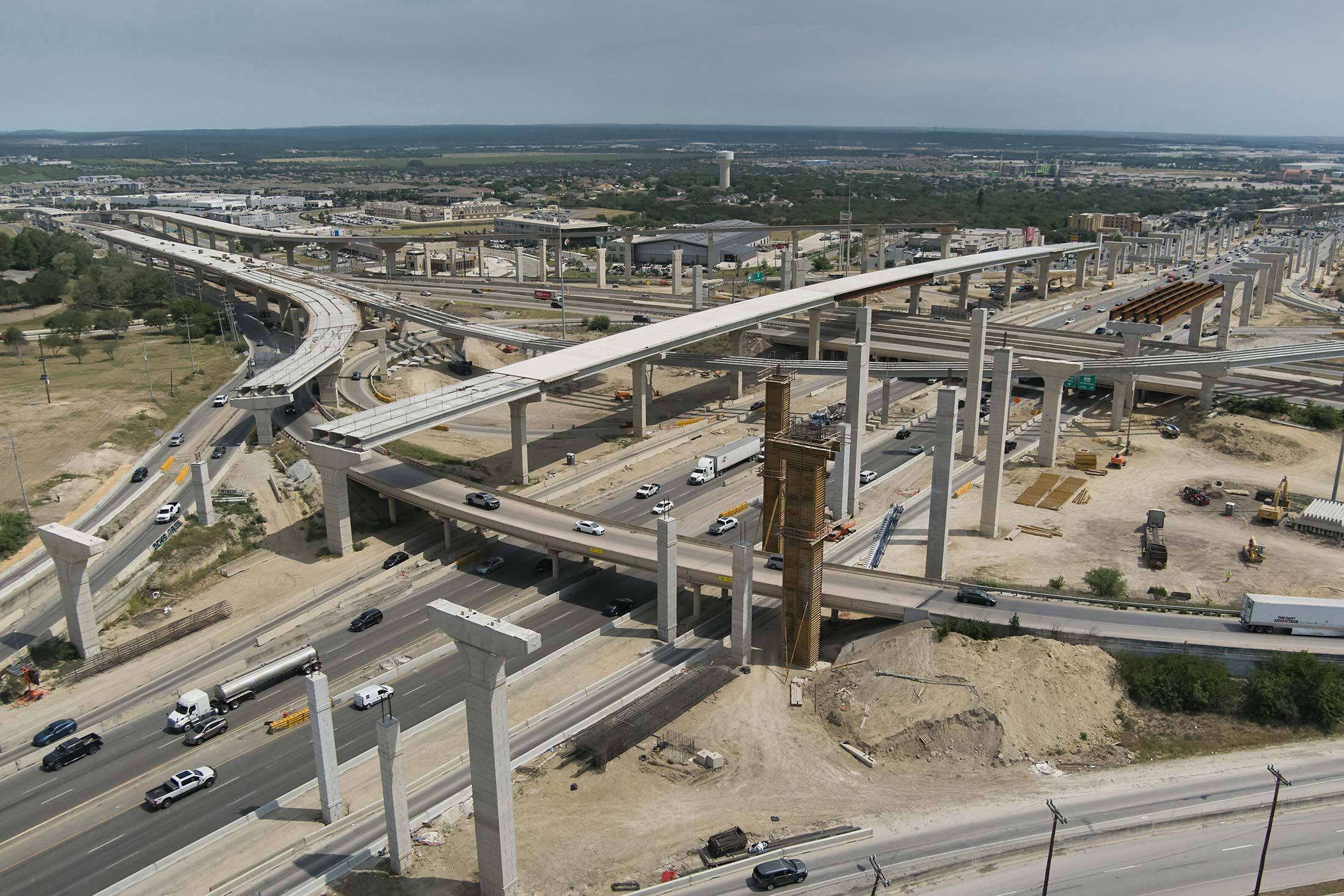 Aerial view of elevated interchange construction on I-35 NEX Central