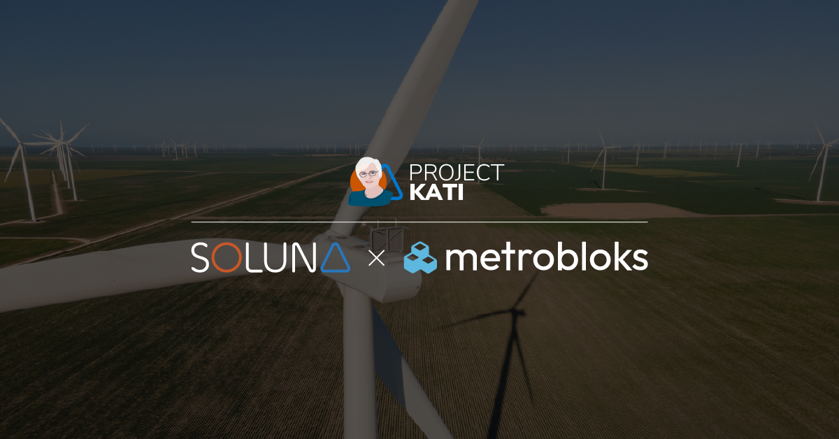 Soluna and Metrobloks partnership graphic for Project Kati, with a wind-farm background