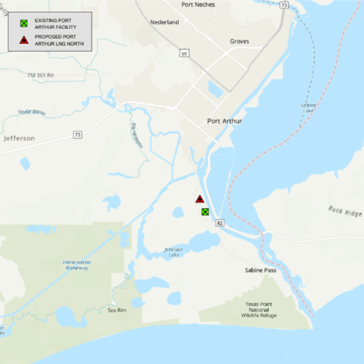 Map showing Port Arthur LNG development locations