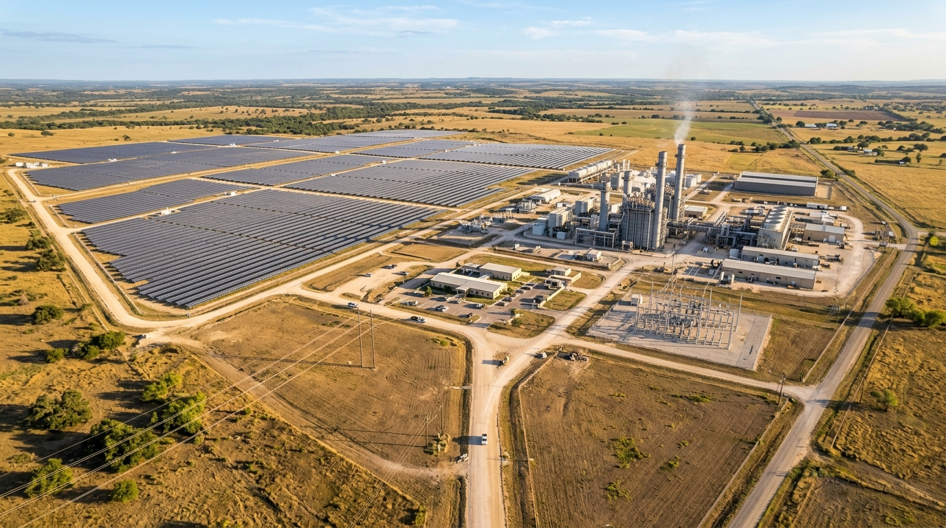 Illustration of a power facility and solar arrays in a rural landscape