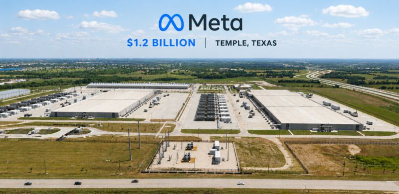 Aerial view of Meta’s Temple data center campus with publisher-supplied project branding