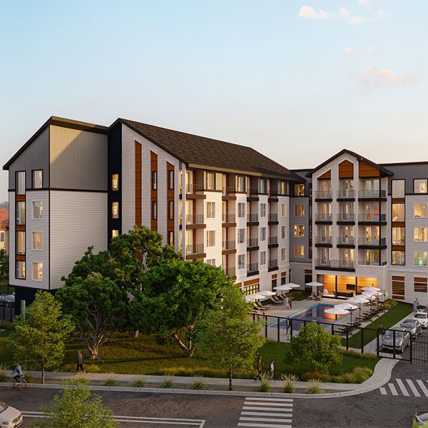 Rendering of The Coop residential buildings in Austin’s Oak Hill area