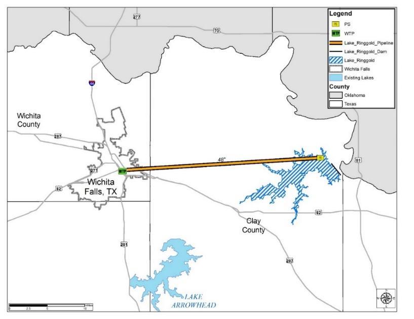 Planning map showing the proposed Lake Ringgold reservoir and transmission pipeline to Wichita Falls