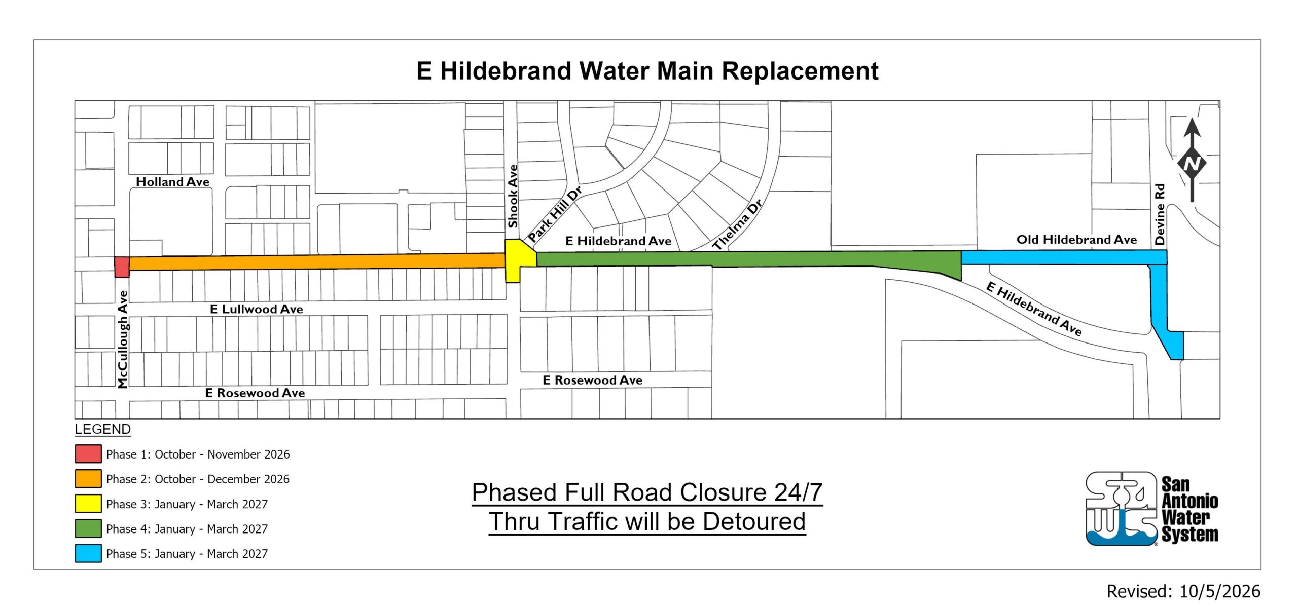 SAWS traffic-impact exhibit for the Hildebrand water-main project