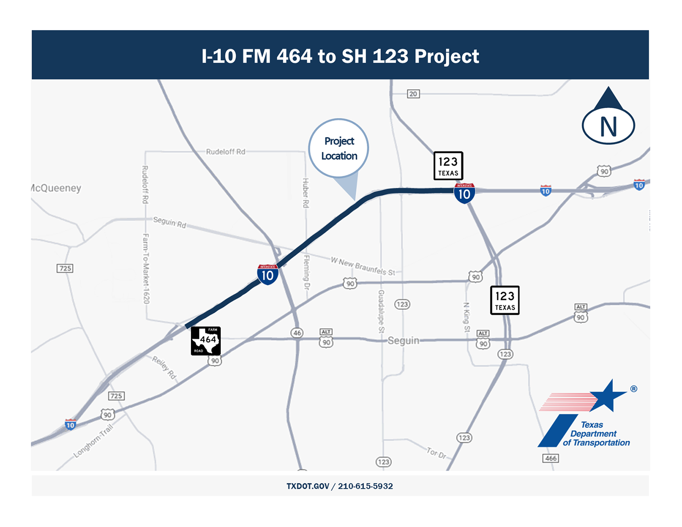 TxDOT map of the adjacent FM 464–SH 123 corridor section.