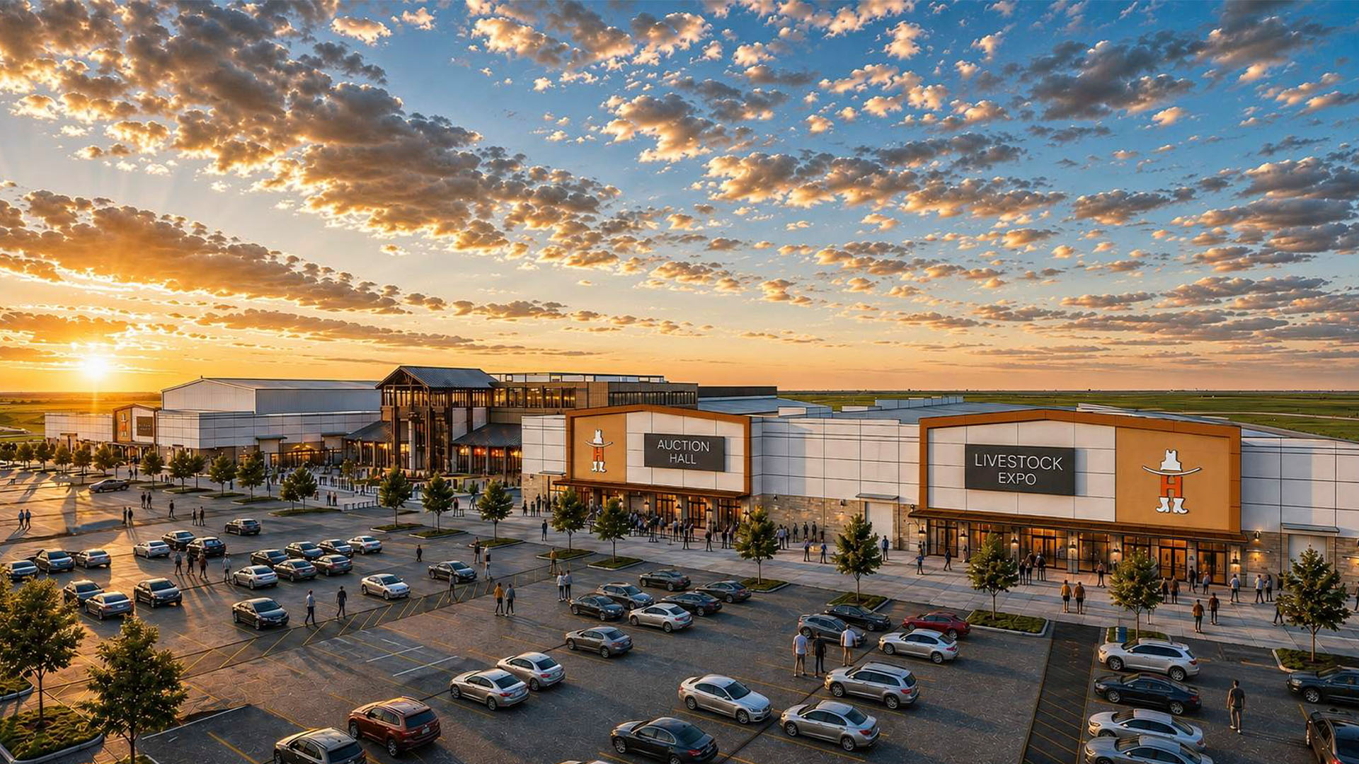 Rendering of The Farm agricultural complex and parking approach