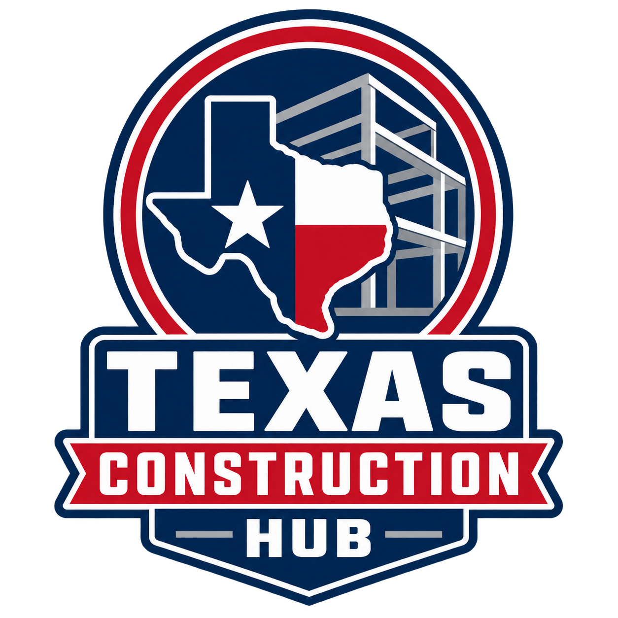 Texas Construction Hub logo: the state of Texas over steel framing