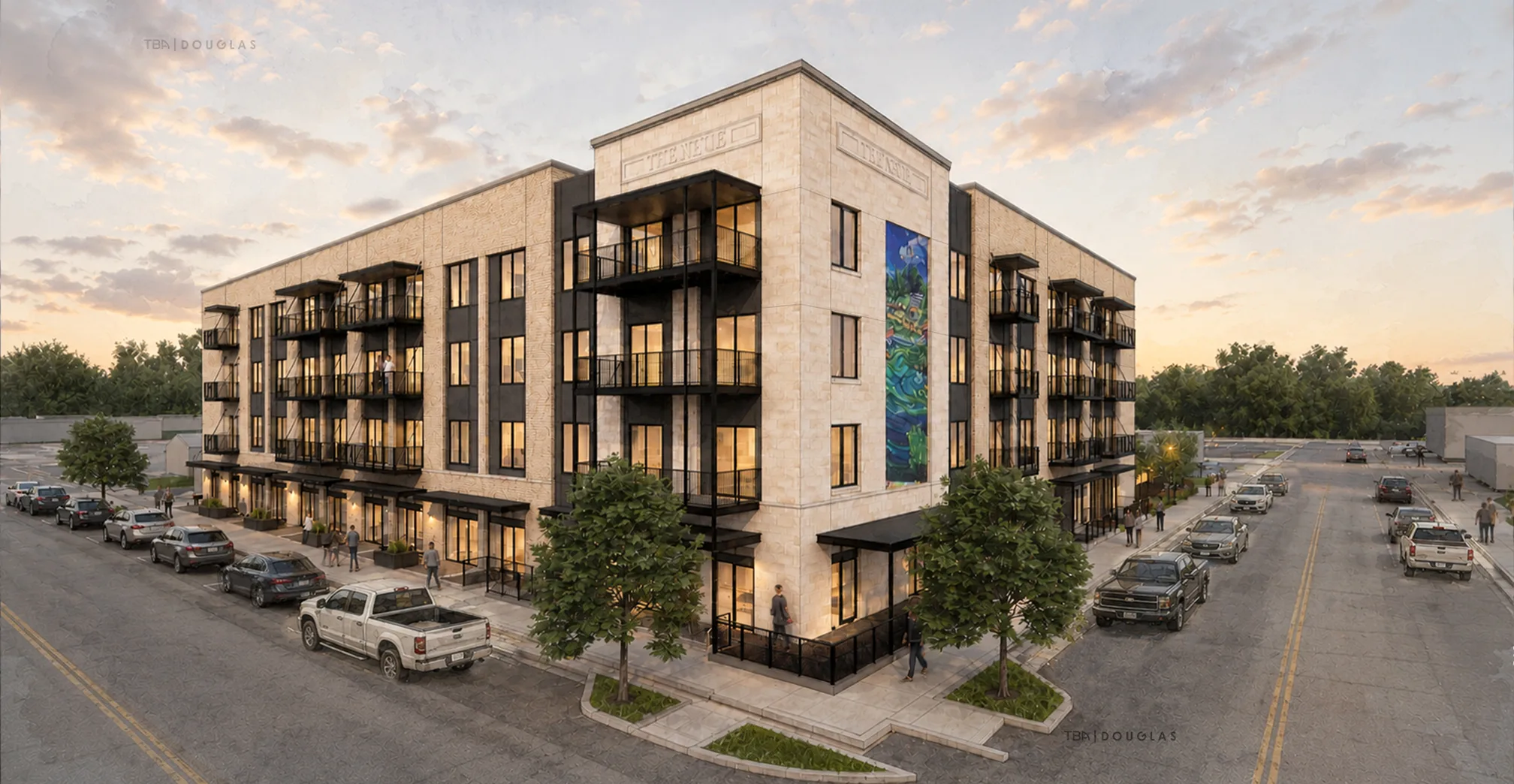 Architectural rendering of The Neue four-story mixed-use development